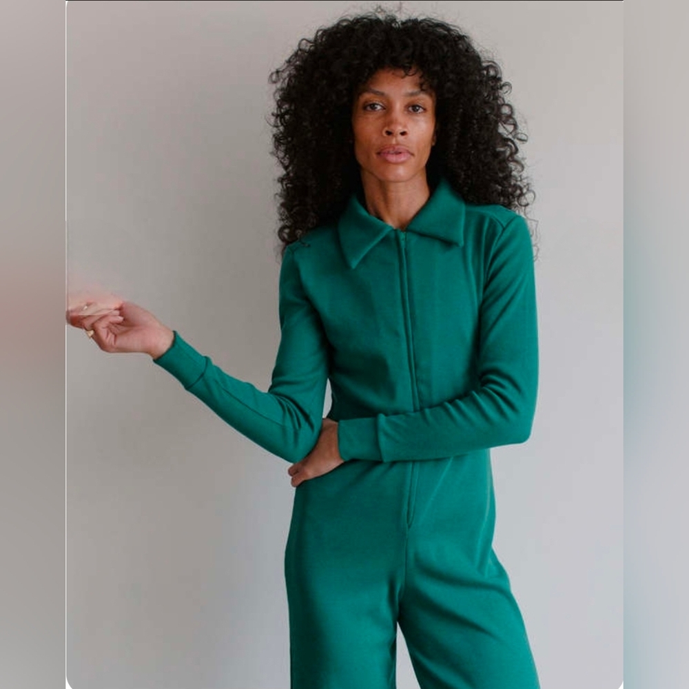 Noble Womens Green Long Sleeve Ribbed Jumpsuit Size Medium Organic